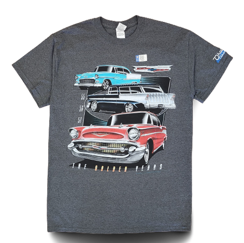 A gray t-shirt with a 1955 Chevy Bel Air, a 1956 Chevy Nomad, and a 1957 Chevy Bel Air on the front. The Okoboji Classic Cars logo is embroidered on the left sleeve.