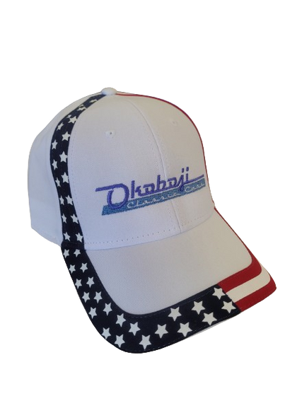 white cap with stars, stripes, and Okoboji Classic Cars Logo on it