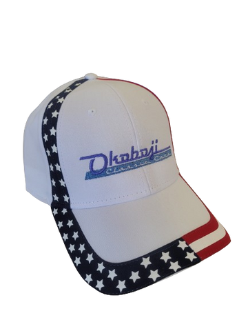 white cap with stars, stripes, and Okoboji Classic Cars Logo on it